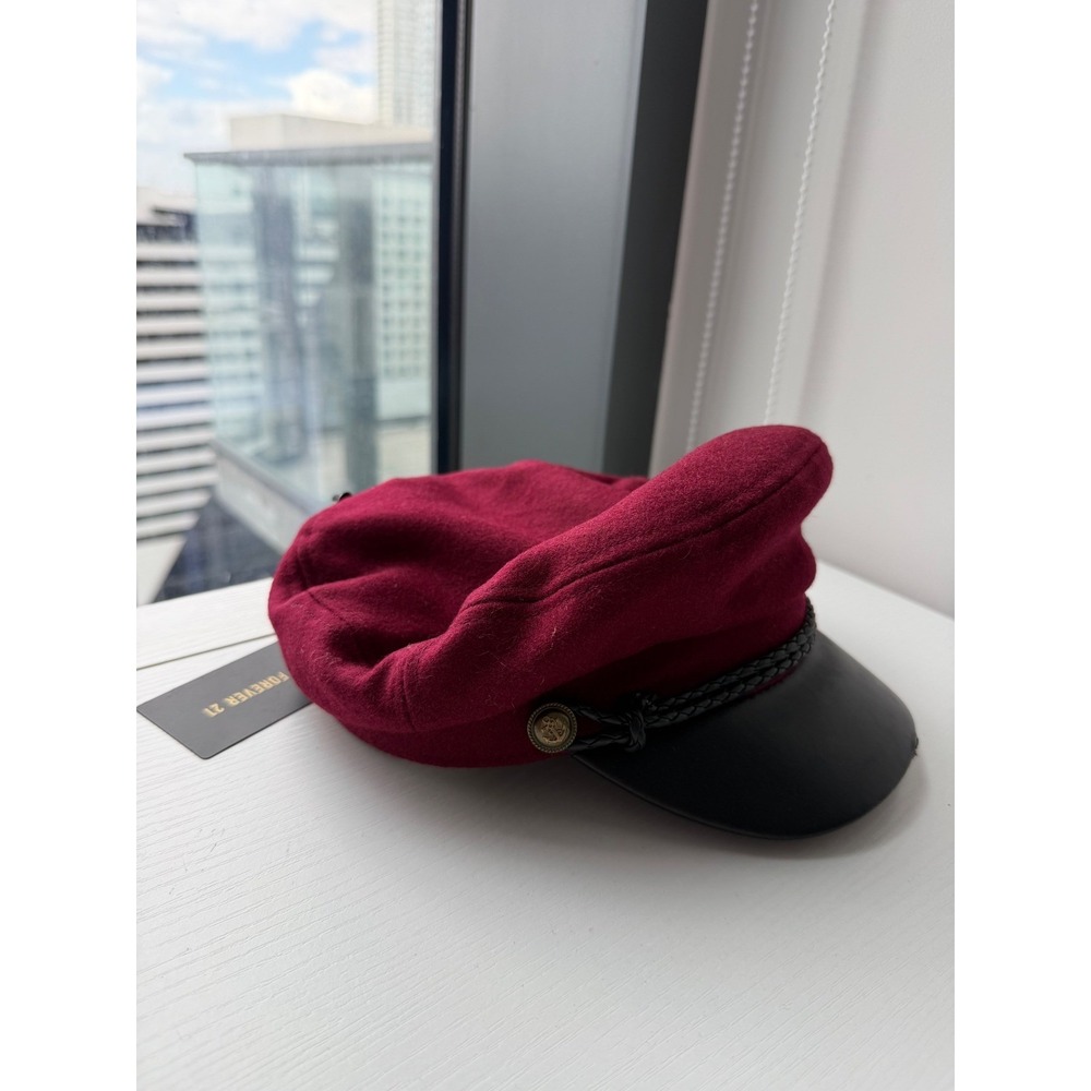 Forever 21 Burgundy Wool Blend Newsboy Cap Black Faux Leather Brim Hat